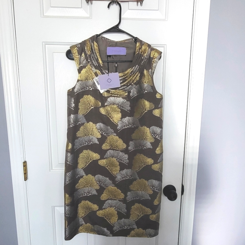 Vera Wang sleeveless dress, size 6,silver & gold leaves on charcoal background